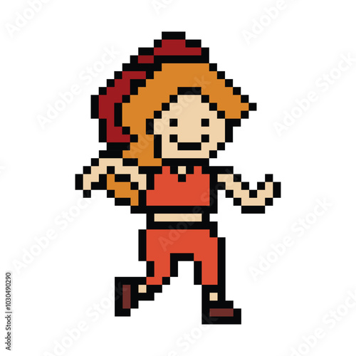 Cute cartoon run exercise pixel cartoon 8bit character woman lady run or running jog cardio lifestyle for decoration life style 8 bit female jog marathon exercise png vector.