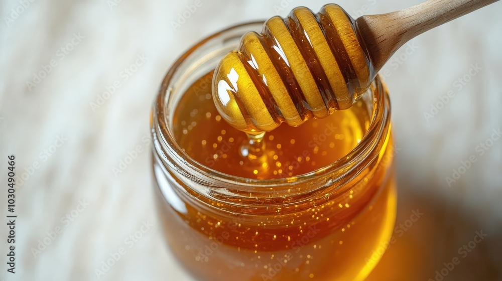 A close-up of a jar of honey with a wooden dipper, highlighting its golden texture and sweetness. A close-up of a jar of honey with a wooden dipper, highlighting its golden texture and sweetness.