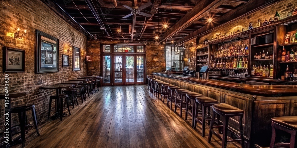 Fototapeta premium Whiskey bar interior, rustic decor elements, dim lighting, flat design illustration