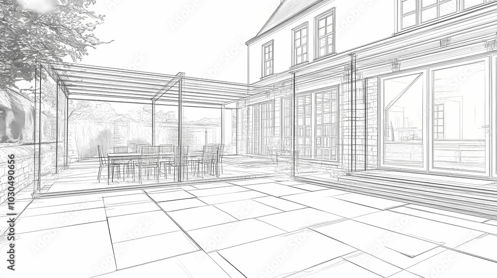 Wireframe rendering of a building in 3D. Done view hard landscaping, new luxury stone patio and garden of English home. Idea for an abstract construction graphic Wireframe rendering of a building in 3D. Done view hard landscaping, new luxury stone patio and garden of English home. Idea for an abstract construction graphic