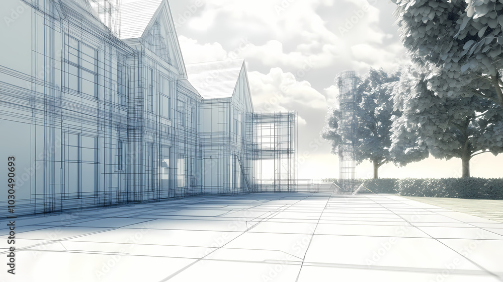 Wireframe rendering of a building in 3D. Done view hard landscaping, new luxury stone patio and garden of English home. Idea for an abstract construction graphic Wireframe rendering of a building in 3D. Done view hard landscaping, new luxury stone patio and garden of English home. Idea for an abstract construction graphic