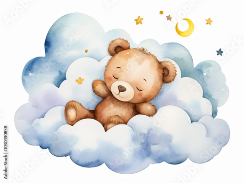 A teddy bear sleeps peacefully on fluffy clouds in a watercolor dream.