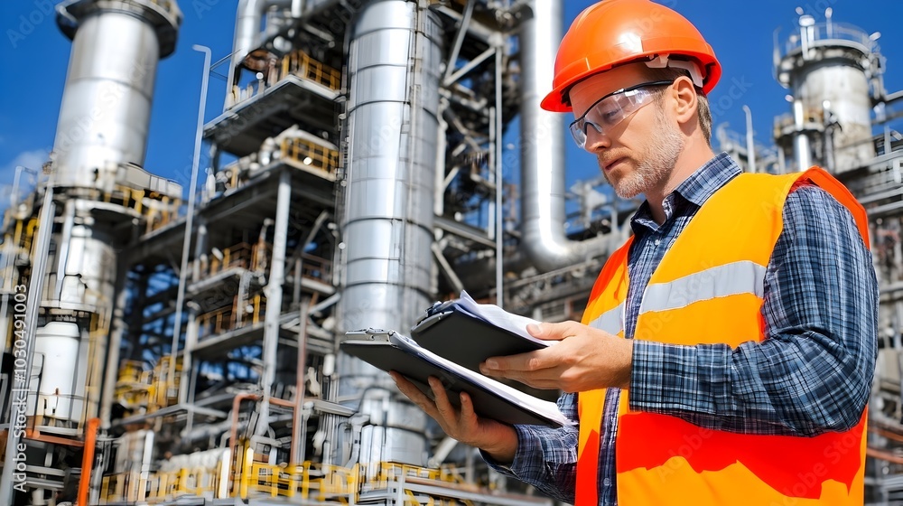 Engineer Reviewing Emissions Data at Air Monitoring Tower in Industrial Zone Engineer Reviewing Emissions Data at Air Monitoring Tower in Industrial Zone