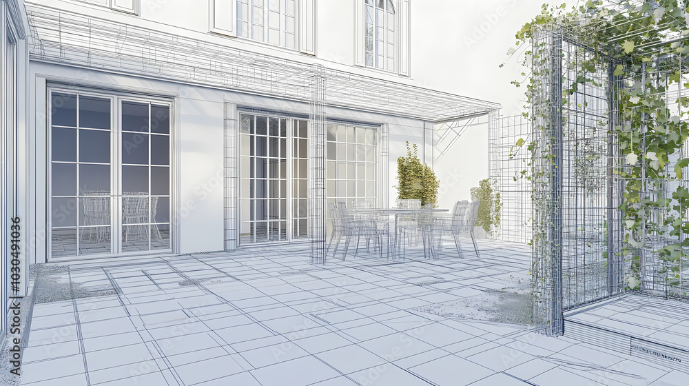 Obraz premium Wireframe rendering of a building in 3D. Done view hard landscaping, new luxury stone patio and garden of English home. Idea for an abstract construction graphic