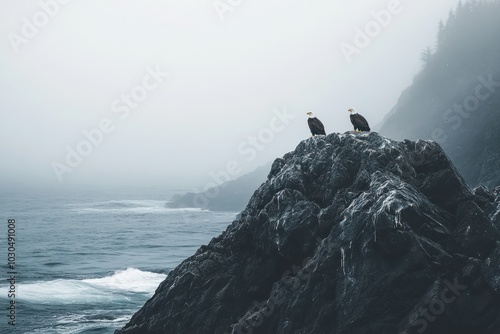 Two eagles perched on a rocky outcrop by the misty ocean, evoking a serene natural scene.