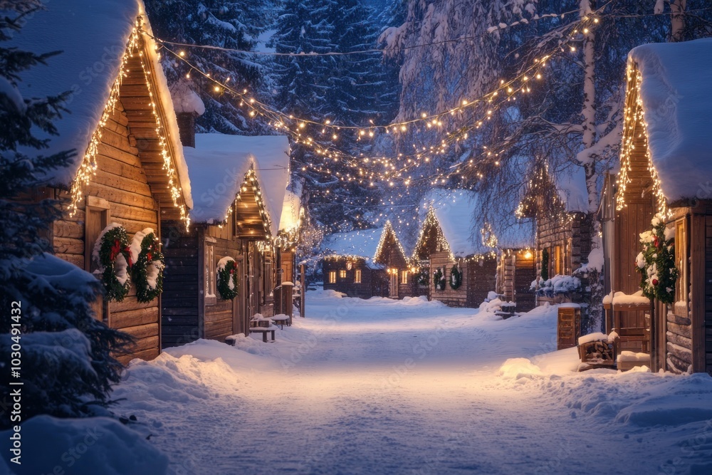A serene winter village adorned with lights and wreaths, evoking a festive atmosphere.