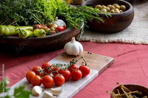 Cherry tomatoes on the marble cutting board 