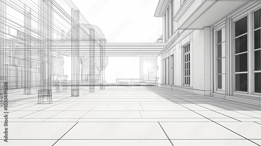 Wireframe rendering of a building in 3D. Done view hard landscaping, new luxury stone patio and garden of English home. Idea for an abstract construction graphic Wireframe rendering of a building in 3D. Done view hard landscaping, new luxury stone patio and garden of English home. Idea for an abstract construction graphic