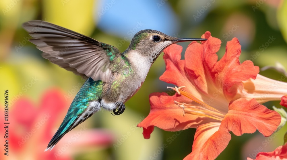 A hummingbird hovering near a vibrant orange flower in a natural setting. A hummingbird hovering near a vibrant orange flower in a natural setting.