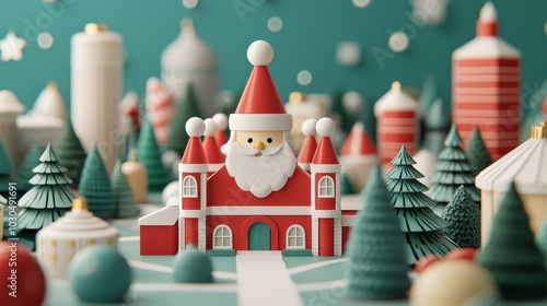 A whimsical Christmas village with Santa-themed architecture surrounded by snowy trees and holiday decor.