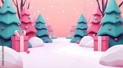 A whimsical Christmas village with pastel-colored trees, gift boxes, and snow-covered landscape.