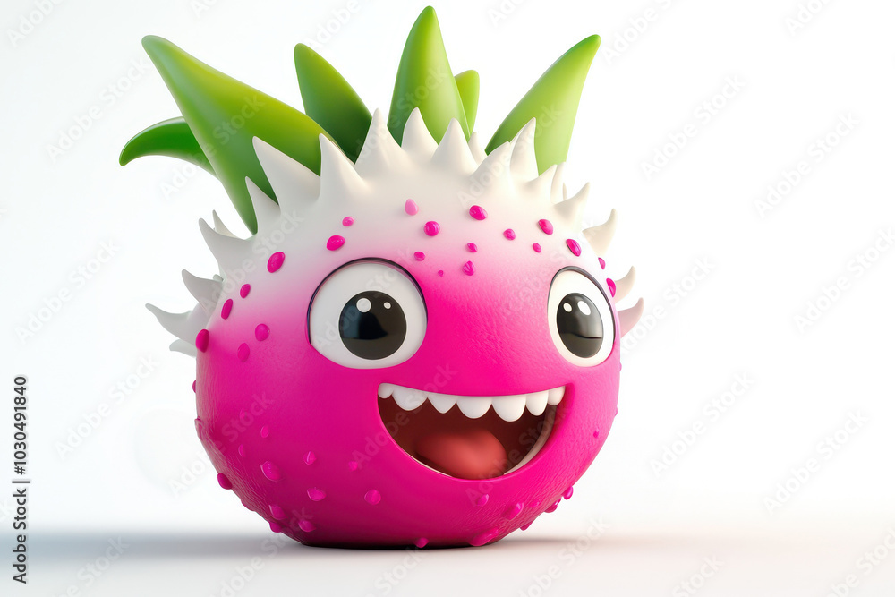 Fototapeta premium A cartoonish pink fruit with a green stem and green leaves