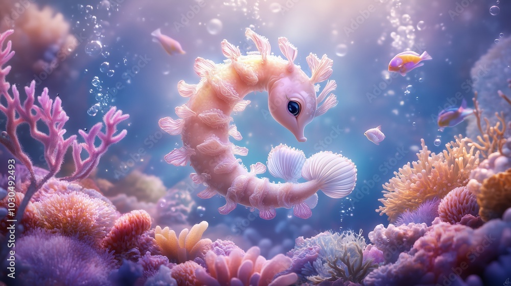 Cute Pink Seahorse with Coral Reef and Bubbles Cute Pink Seahorse with Coral Reef and Bubbles