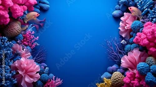 Colorful Coral Reef with Fish on Blue Background