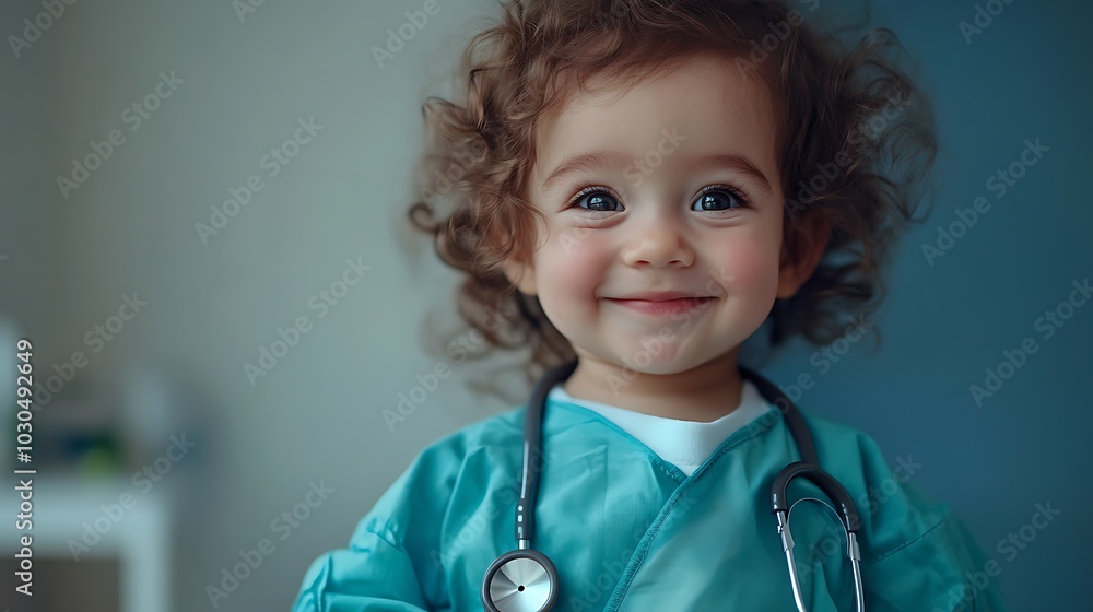 A young child, smiling and wearing a teal doctor's outfit with a stethoscope.
A young child, smiling and wearing a teal doctor's outfit with a stethoscope.