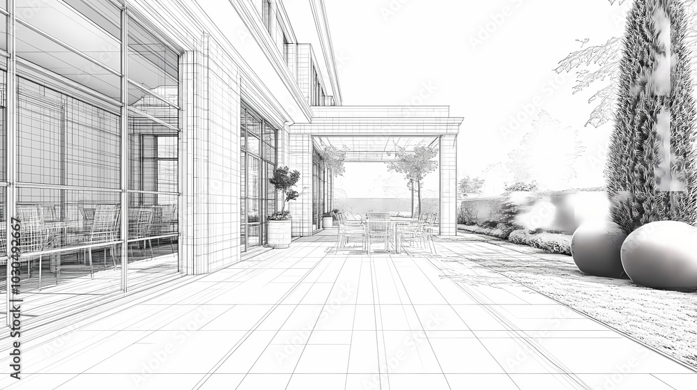 Wireframe rendering of a building in 3D. Done view hard landscaping, new luxury stone patio and garden of English home. Idea for an abstract construction graphic Wireframe rendering of a building in 3D. Done view hard landscaping, new luxury stone patio and garden of English home. Idea for an abstract construction graphic