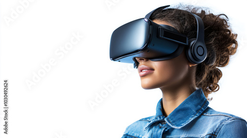 Modern woman using a virtual reality glasses and headset in white background.