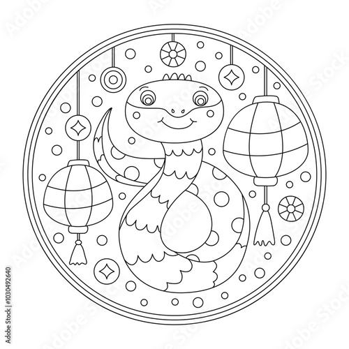 Symbol of the  Oriental New Year cute little snake among the Chinese lanterns. Doodle hand drawn vector illustration. Great ornament for coloring.