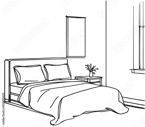 Bedroom interior sketch. Hand drawn furniture