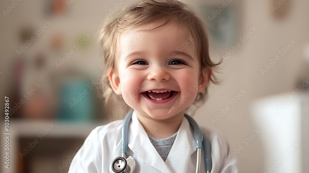 A young child, smiling and wearing a teal doctor's outfit with a stethoscope.
A young child, smiling and wearing a teal doctor's outfit with a stethoscope.