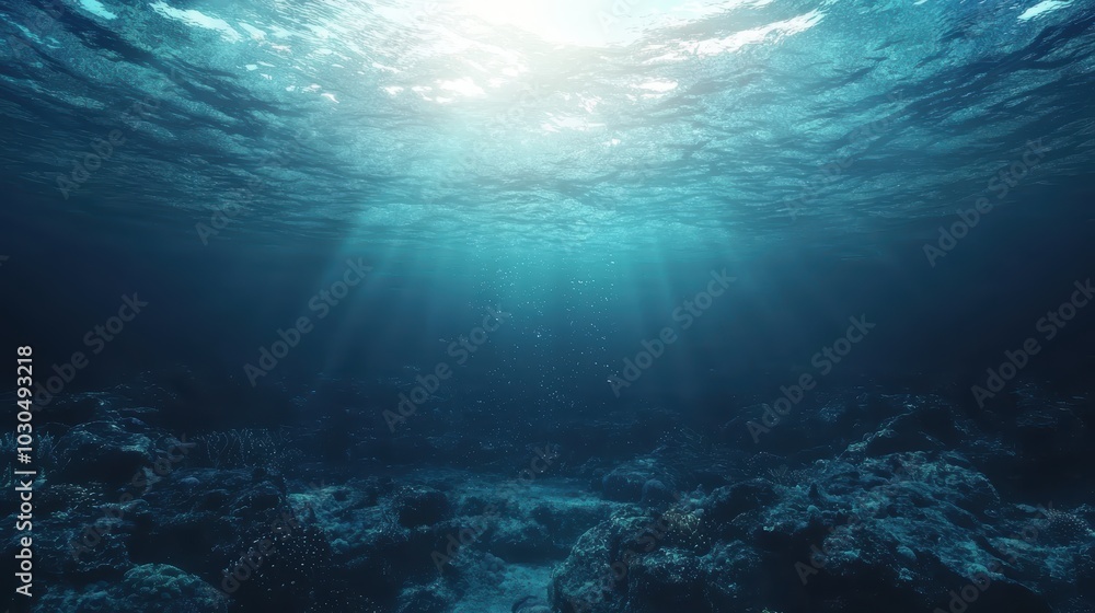 Fototapeta premium A serene underwater scene with sunlight filtering through the surface, illuminating the ocean depths and creating an ethereal atmosphere.