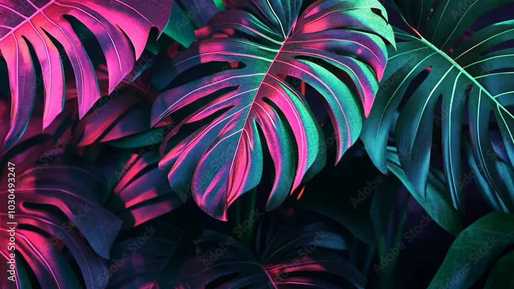 Large tropical leaves glow with pink and green light Large tropical leaves glow with pink and green light