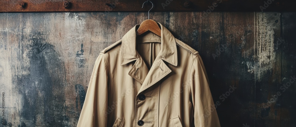 Fototapeta premium Classic trench coat on sturdy wooden hanger