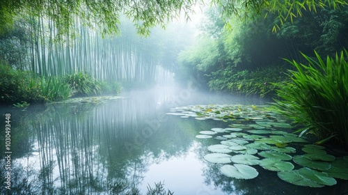 Serene misty river scene with lily pads and lush greenery.