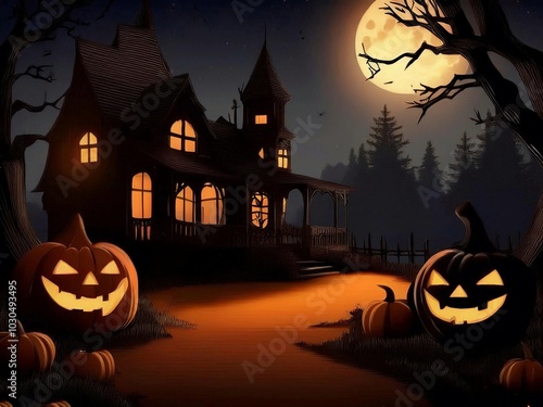 2D animation cute and cheerfu Halloween theme. Halloween pumpkin on abandoned old road and medieval castle on the background photo