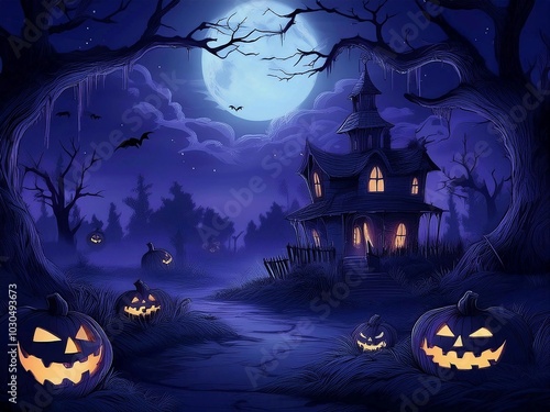 2D animation cute and cheerfu Halloween theme. Halloween pumpkin on abandoned old road and medieval castle on the background photo