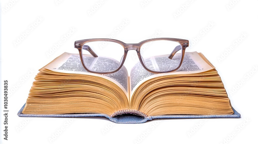 Open book with reading glasses on top Open book with reading glasses on top