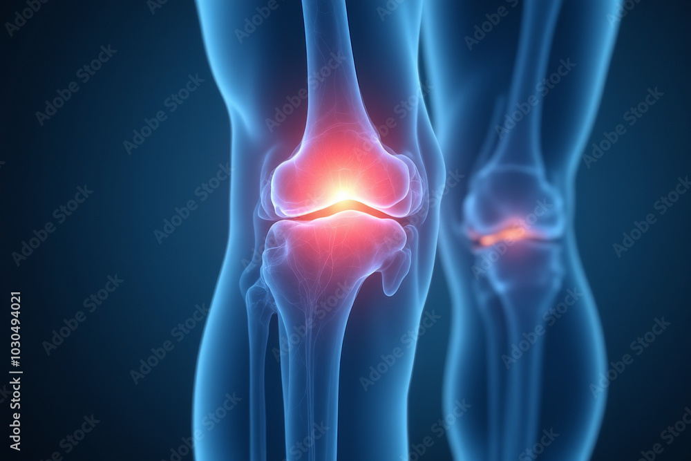 front view of an x-ray of the knee joint with the problem area illuminated in red front view of an x-ray of the knee joint with the problem area illuminated in red