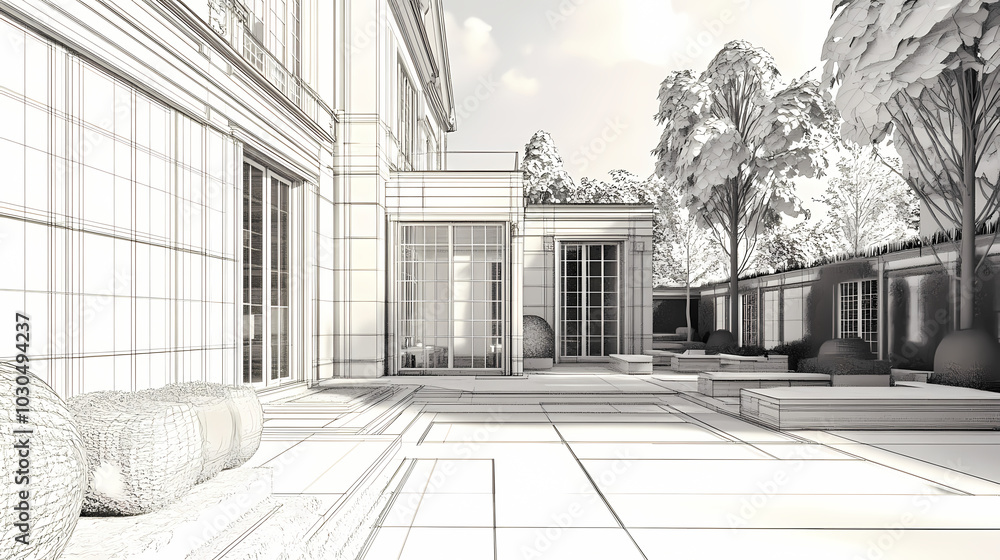 Wireframe rendering of a building in 3D. Done view hard landscaping, new luxury stone patio and garden of English home. Idea for an abstract construction graphic Wireframe rendering of a building in 3D. Done view hard landscaping, new luxury stone patio and garden of English home. Idea for an abstract construction graphic