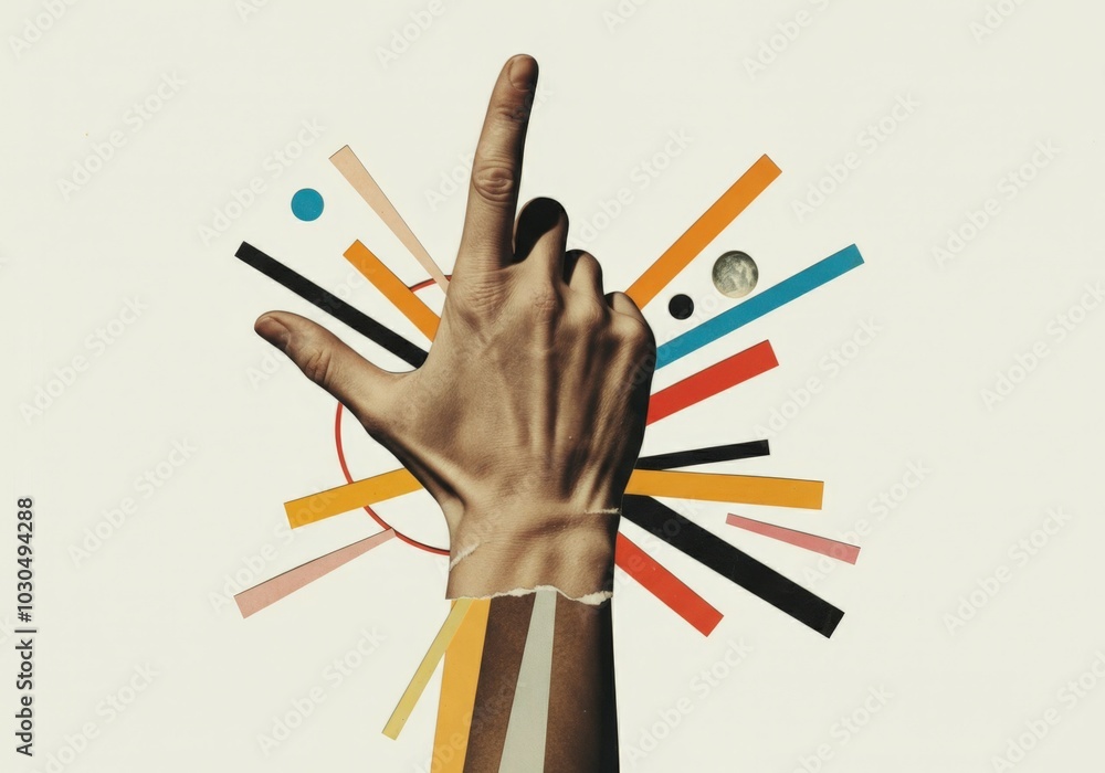 Hand collage is pointing up with colorful shapes and planets surrounding it against a white background Hand collage is pointing up with colorful shapes and planets surrounding it against a white background