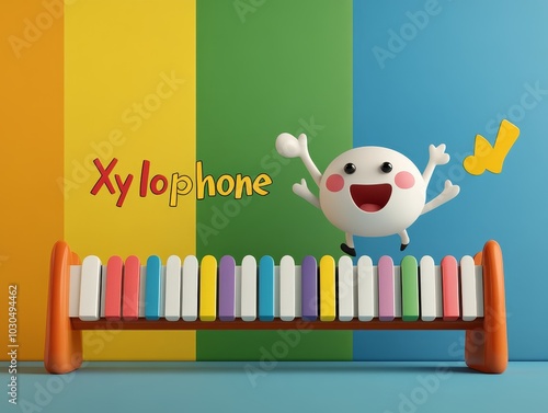 Cute cartoon-style excited xylophone character with a letter "Xylophone" simple bright rainbow-colored background