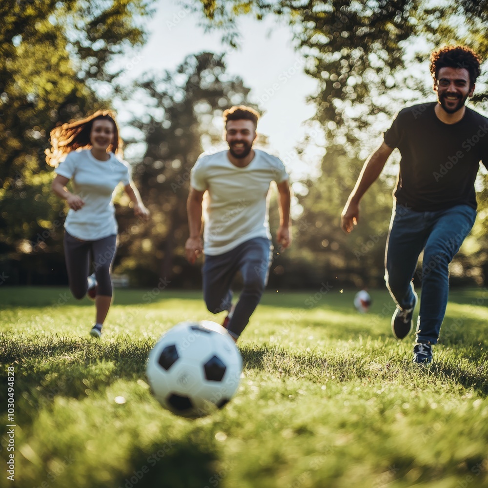 Fototapeta premium Friends Playing Soccer in a Park - Casual Outdoor Activity Generative AI