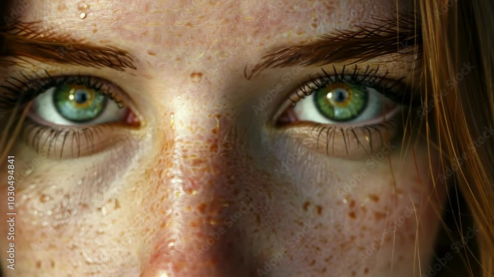 A woman with freckles and brown hair looks directly at the camera A woman with freckles and brown hair looks directly at the camera