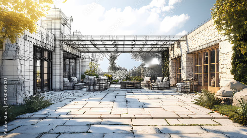 Obraz premium Wireframe rendering of a building in 3D. Done view hard landscaping, new luxury stone patio and garden of English home. Idea for an abstract construction graphic
