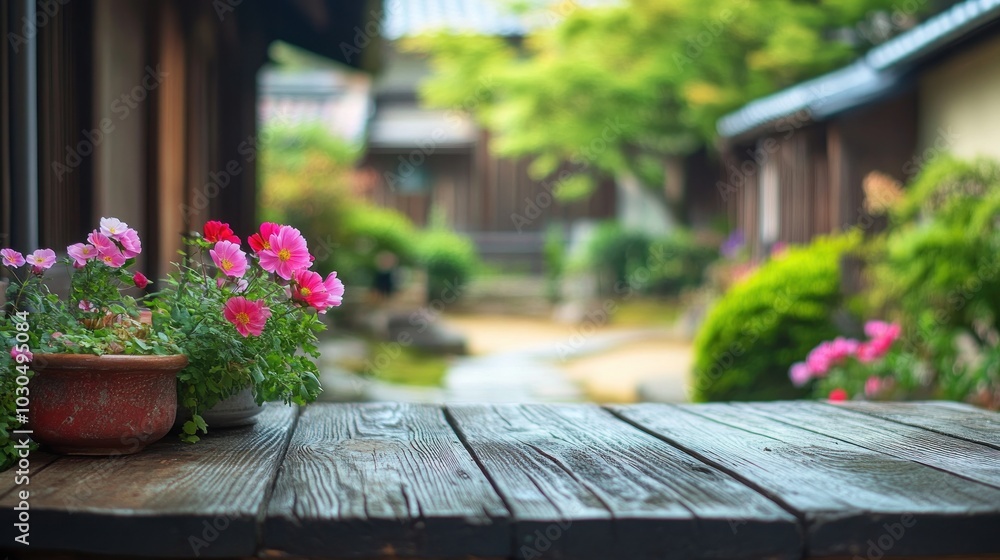 A serene garden view with flowers and wooden surfaces, inviting relaxation and contemplation. A serene garden view with flowers and wooden surfaces, inviting relaxation and contemplation.