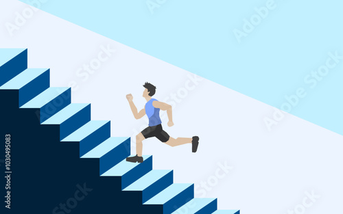 Athletes running up stairs, climbing to a higher level in sports competition, effort and determination.
