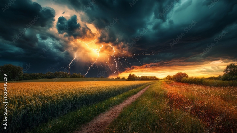 Fototapeta premium Dramatic Thunderstorm Over Golden Fields at Sunset