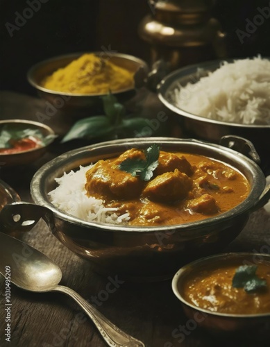 Delicious Indian Cuisine Spread with Rice and Curries