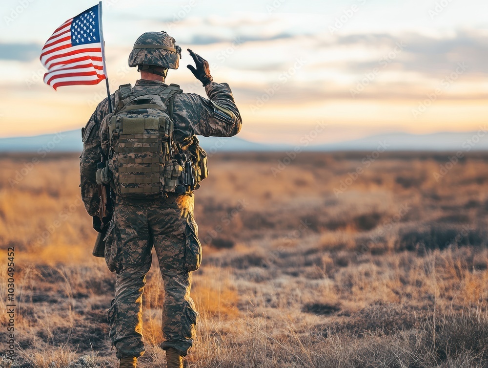 Soldier saluting with American flag in open landscape at sunset