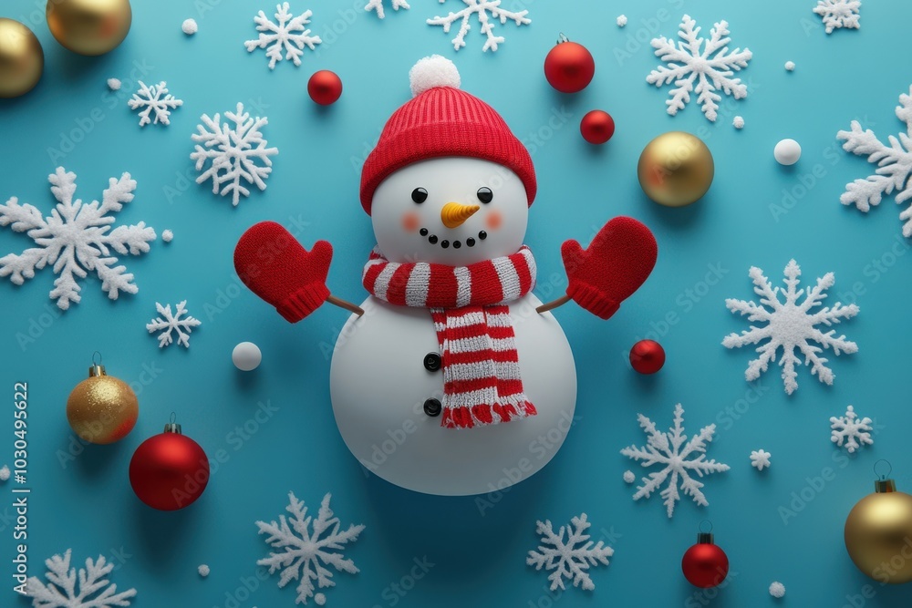 cute snowman wearing a red knitted scarf and hat surrounded by christmas decorations on a blue background cute snowman wearing a red knitted scarf and hat surrounded by christmas decorations on a blue background