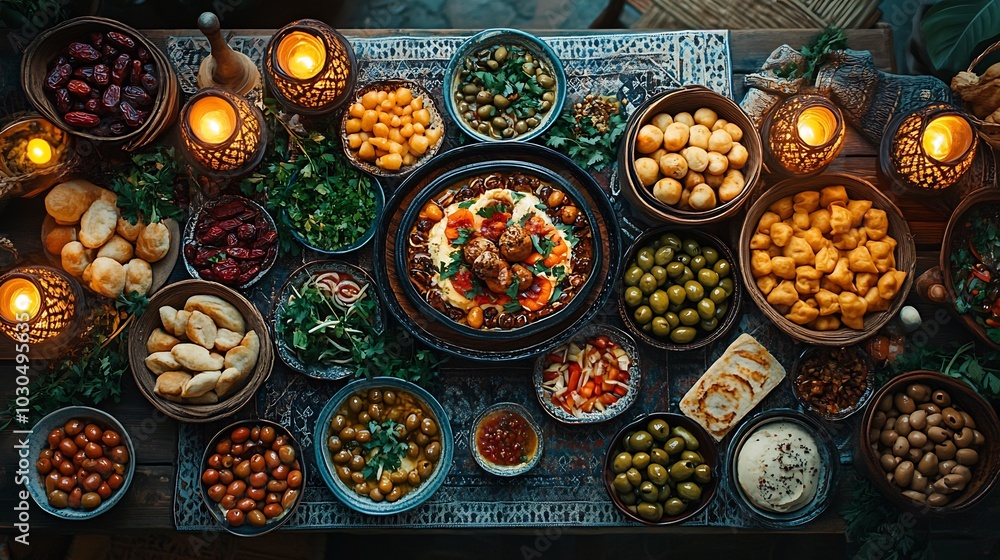 Beautiful scene of an iftar table featuring traditional Ramadan foods such as dates olives and bread lit by soft glowing lanterns ideal for an Eid or Ramadan Kareem celebration event Top view Beautiful scene of an iftar table featuring traditional Ramadan foods such as dates olives and bread lit by soft glowing lanterns ideal for an Eid or Ramadan Kareem celebration event Top view