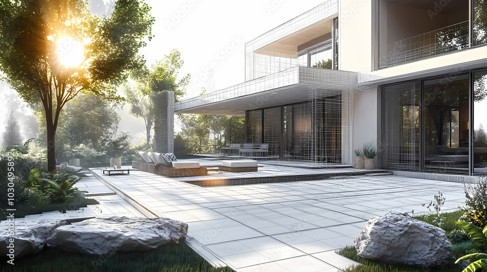 Obraz premium Wireframe rendering of a building in 3D. Done view hard landscaping, new luxury stone patio and garden of English home. Idea for an abstract construction graphic