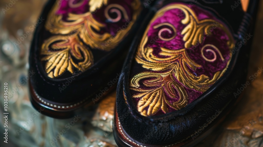 A pair of handmade suede loafers featuring a unique handpainted pattern in shades of deep burgundy and gold. A pair of handmade suede loafers featuring a unique handpainted pattern in shades of deep burgundy and gold.