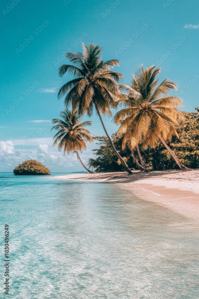 Obraz premium A beautiful beach in the Caribbean with palm trees and clear water, white sand, a small island off to one side of it, clear blue sky, a tropical vibe.