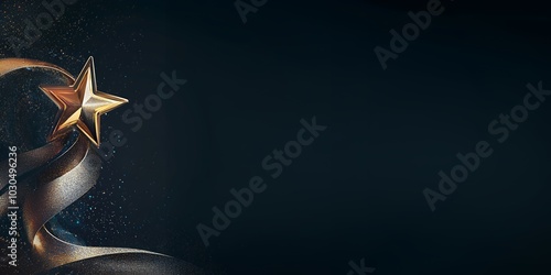 A golden star on a dark blue background with a ribbon flowing around it.