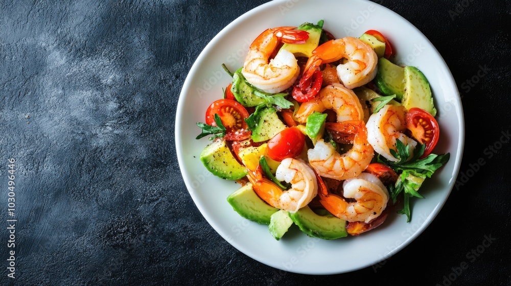 Shrimp salad with avocado and tomatoes on a white plate, top view. Shrimp salad with avocado and tomatoes on a white plate, top view.